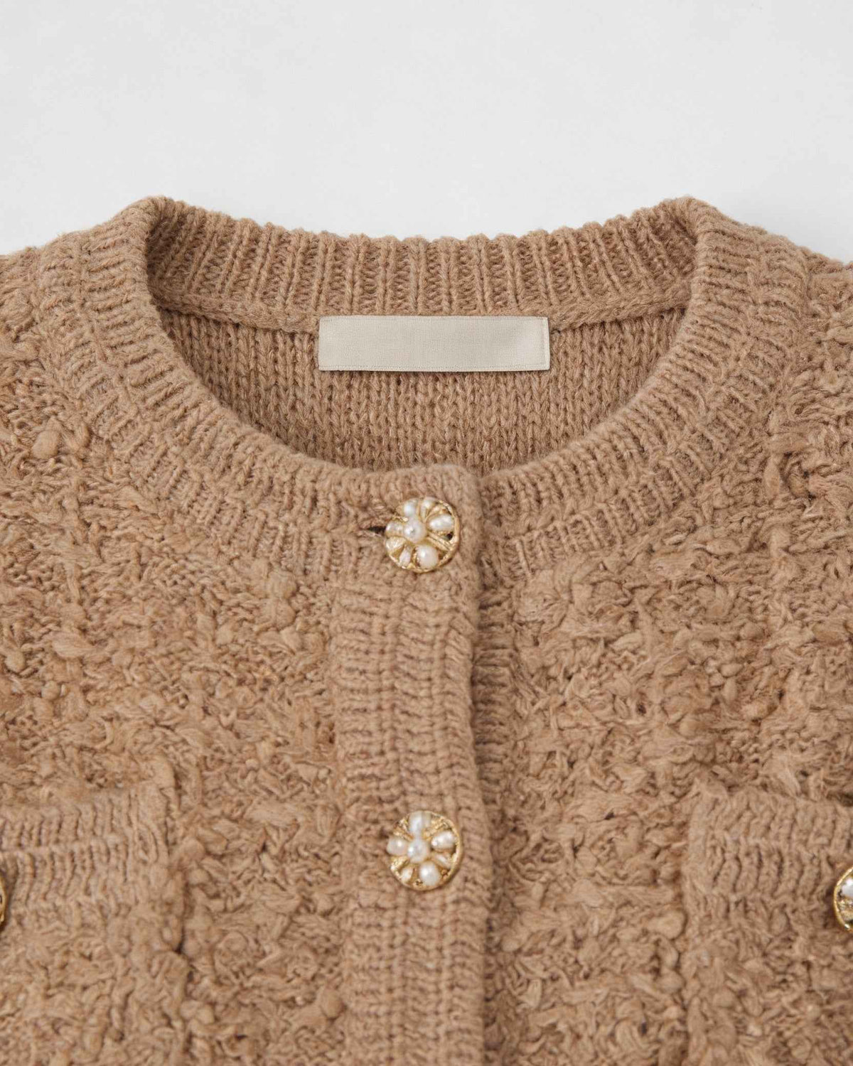Sophia Lumina Wear cozy khaki knit cardigan with open front, displayed on a woman, featuring a relaxed fit and soft texture.
