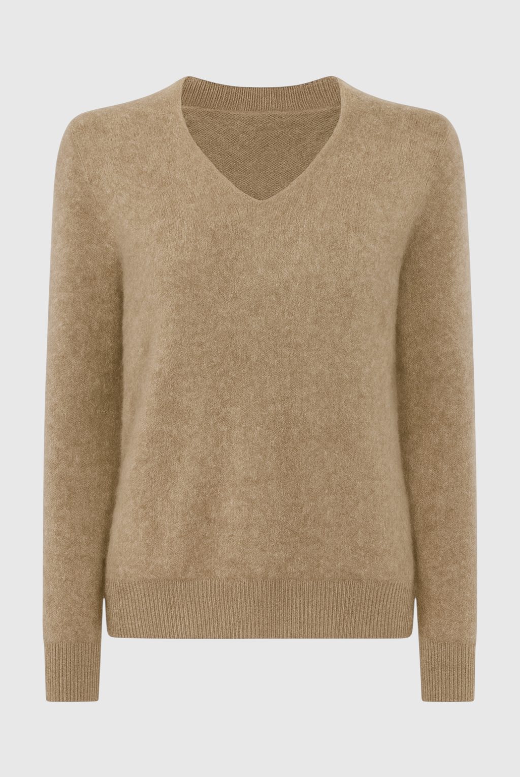 Lumina Wear Sophia cozy khaki knit sweater with V-neckline, featuring a soft, textured fabric and classic fit.