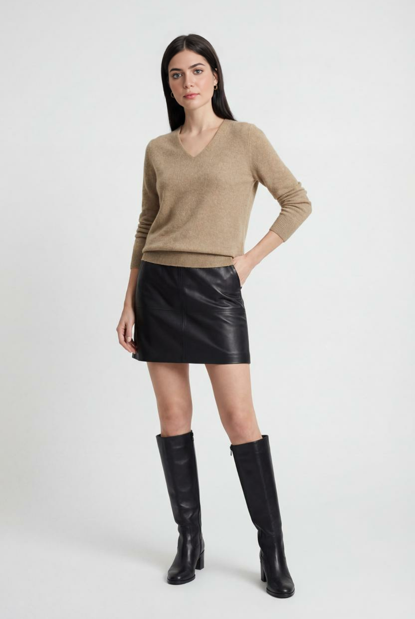 Sophia Lumina Wear cozy khaki knit sweater with V-neckline, soft and stylish for casual wear, size medium.