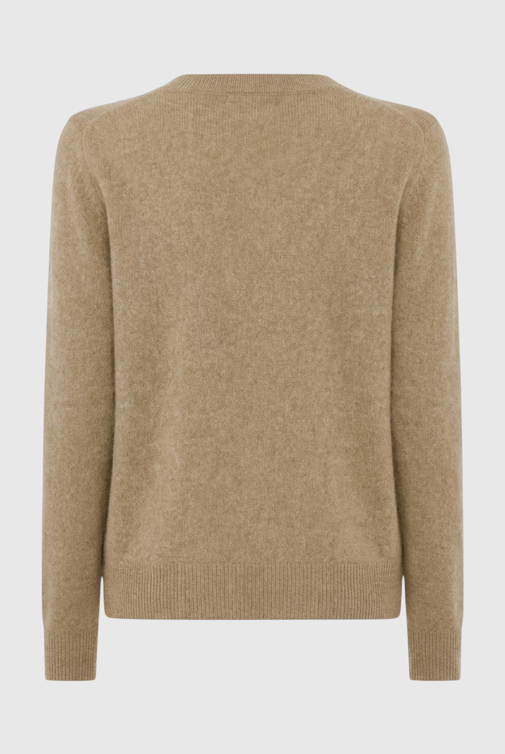 Lumina Wear Sophia cozy khaki knit sweater with V-neckline, featuring a soft, textured fabric and classic fit.
