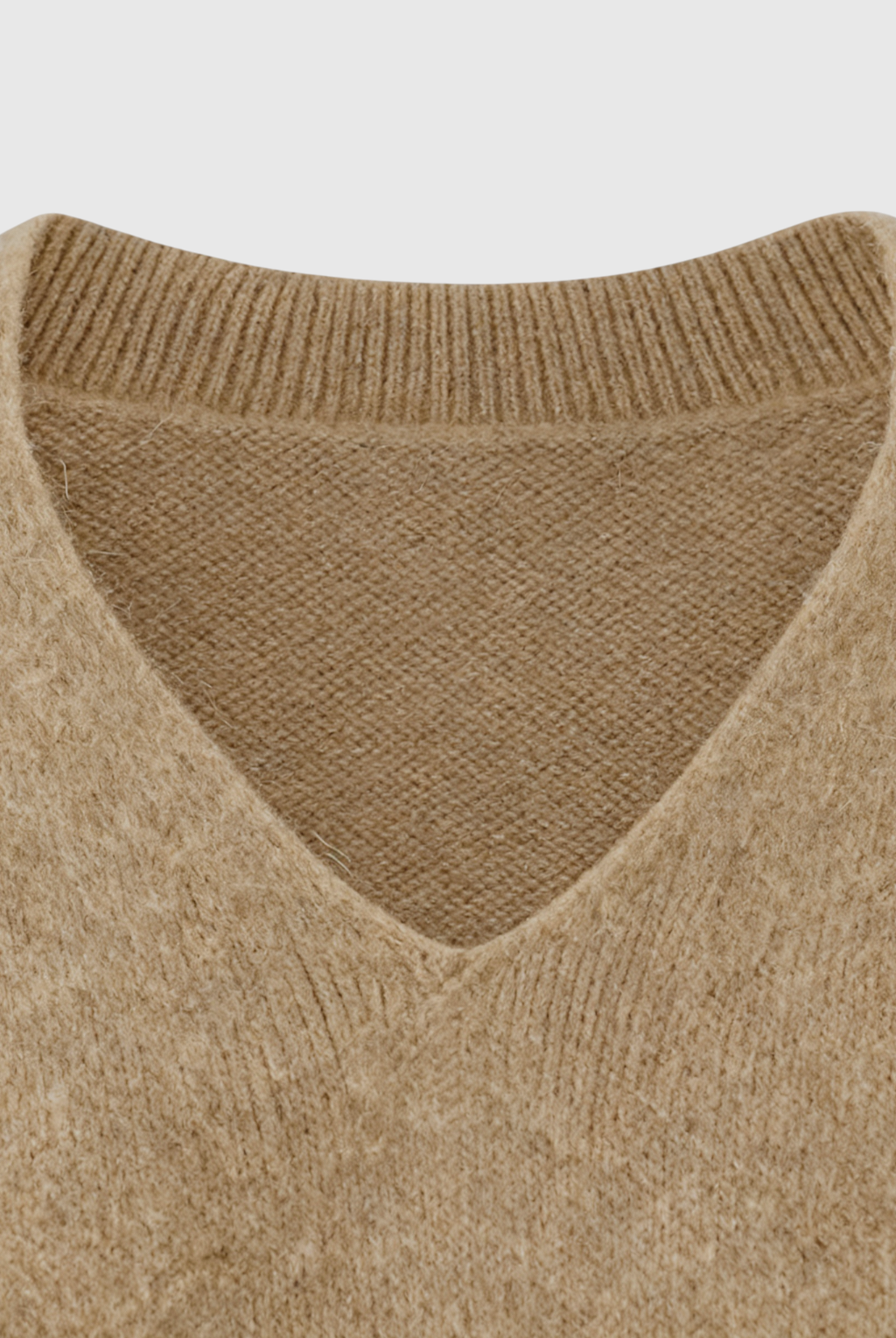 Lumina Wear Sophia cozy khaki knit sweater with V-neckline, featuring a soft, textured fabric and classic fit.