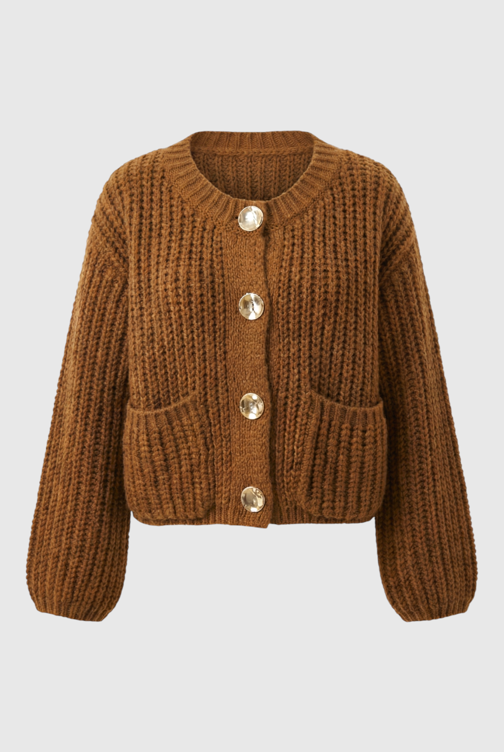 Sophia cozy long brown cardigan sweater with relaxed fit from Lumina Wear, shown on a model with rolled-up sleeves and front pockets.
