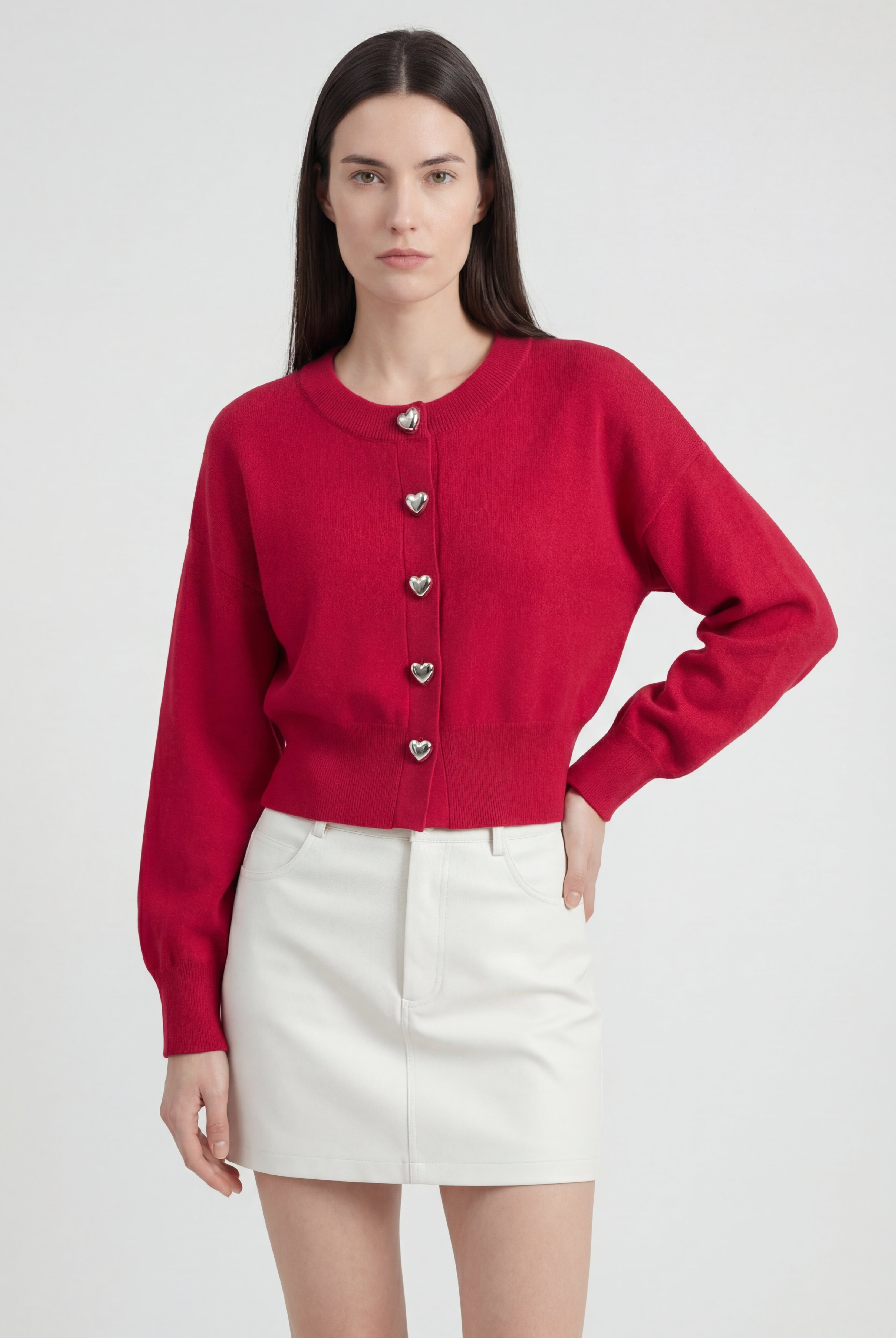 Red Sophia Lumina Wear open front knit cardigan sweater with ribbed hem, cozy and stylish for casual wear.