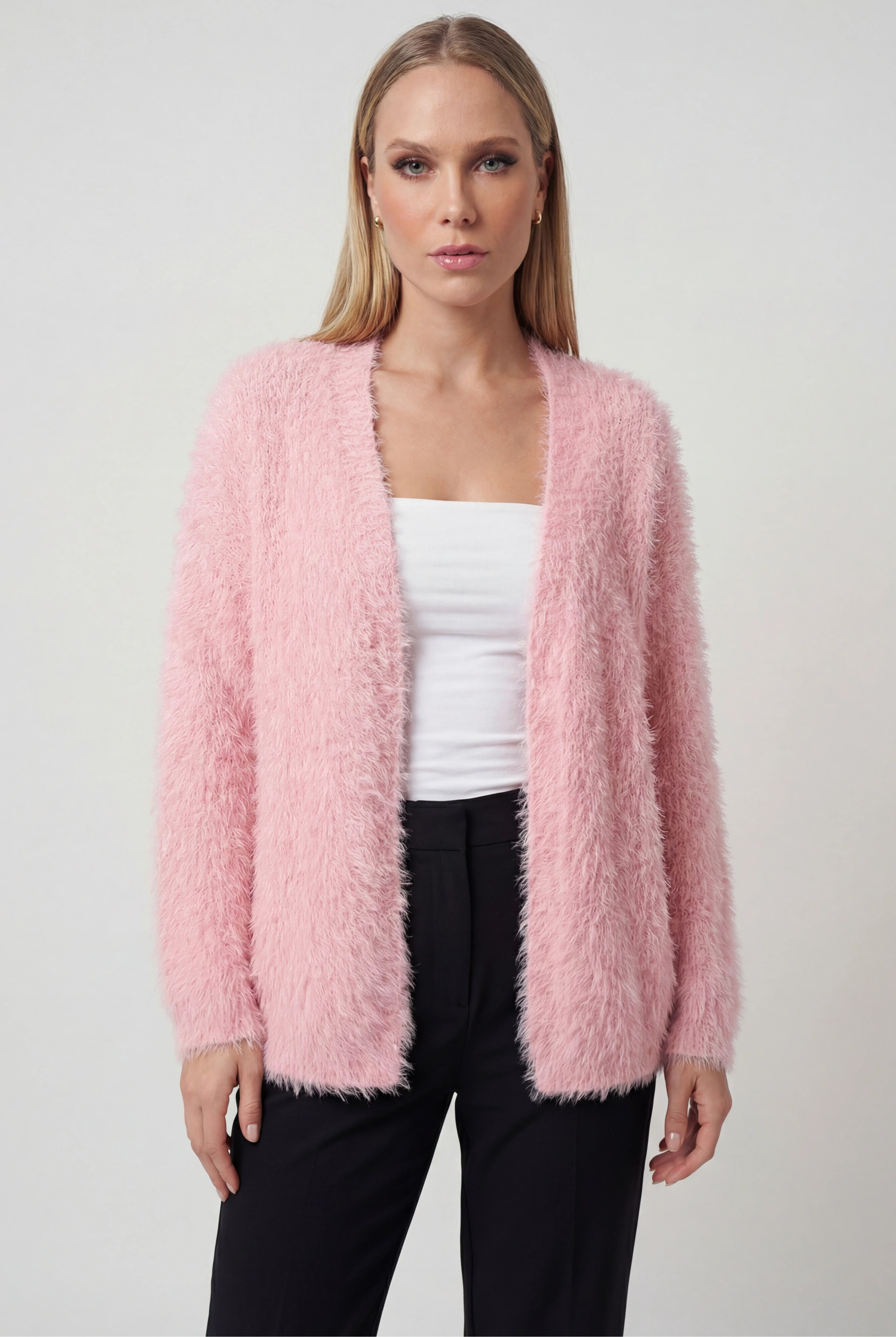 Lumina Wear Sophia pink knit cardigan with versatile styling, featuring a cozy, soft texture perfect for casual or layered looks.