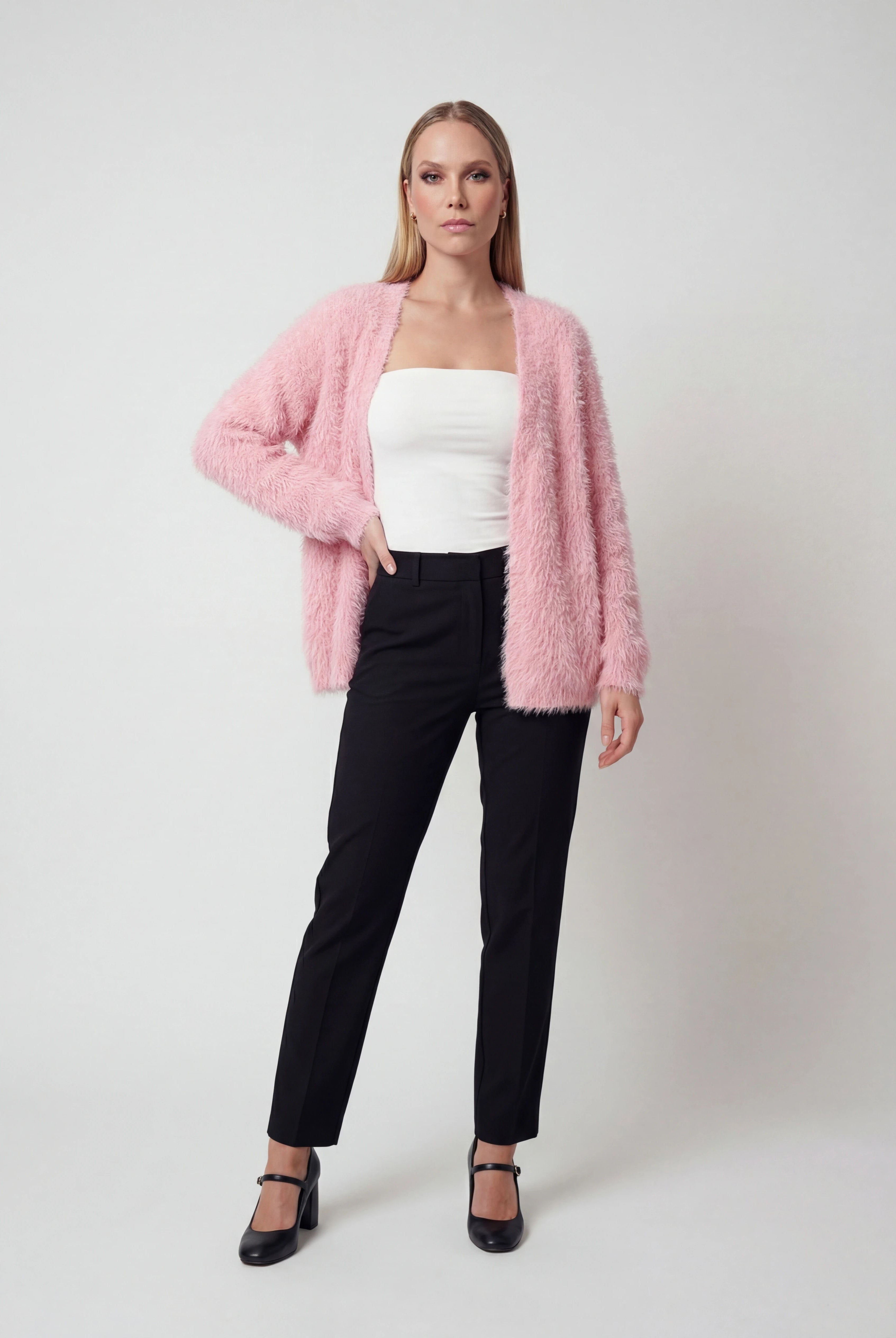 Lumina Wear Sophia cozy pink knit cardigan styled with casual and layered looks, soft fabric, and versatile design.