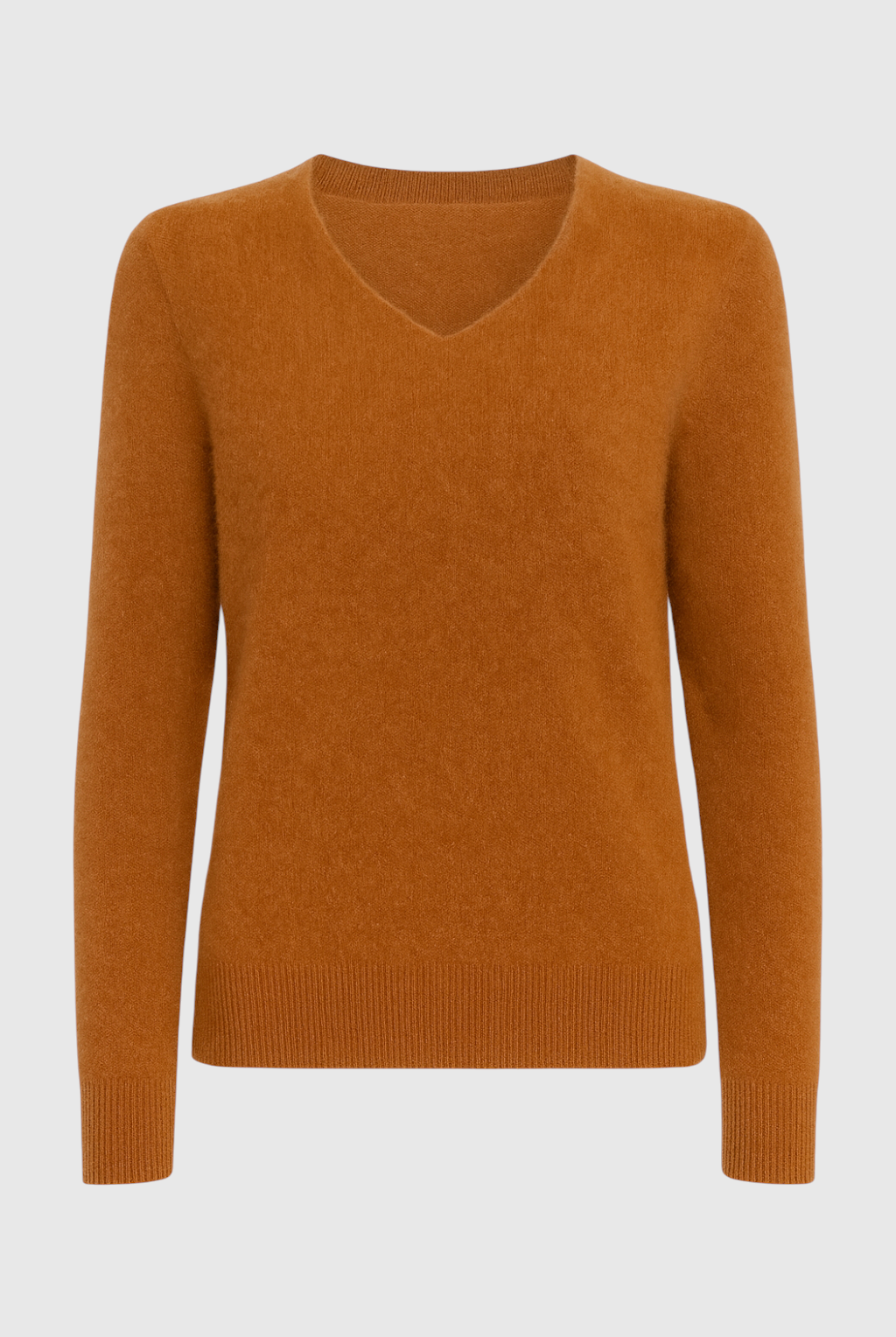 Lumina Wear Sophia cozy orange V-neck sweater with a flattering fit, featuring soft knit fabric and stylish design.