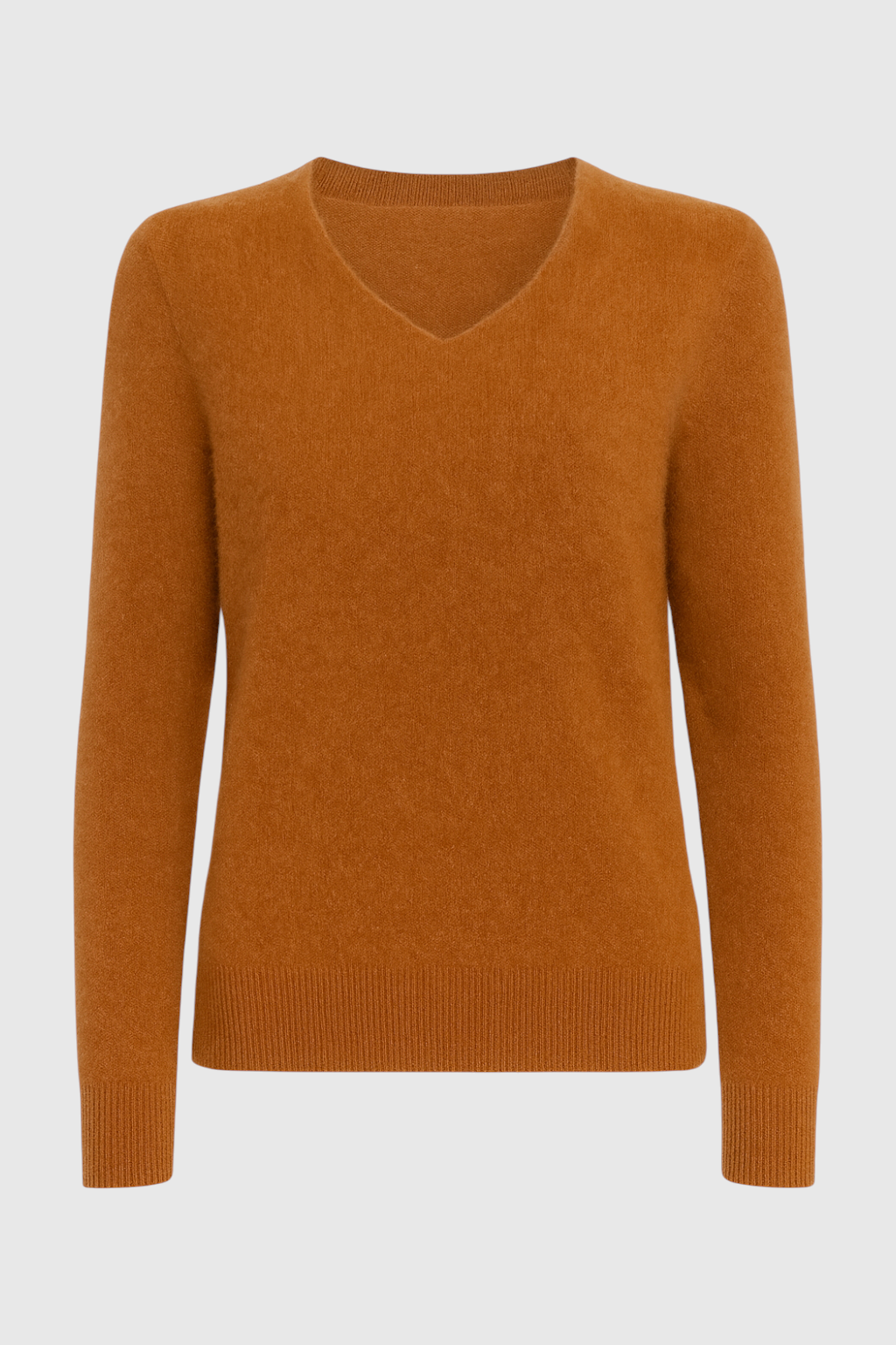 Lumina Wear Sophia cozy orange V-neck sweater with a flattering fit, featuring soft knit fabric and stylish design.