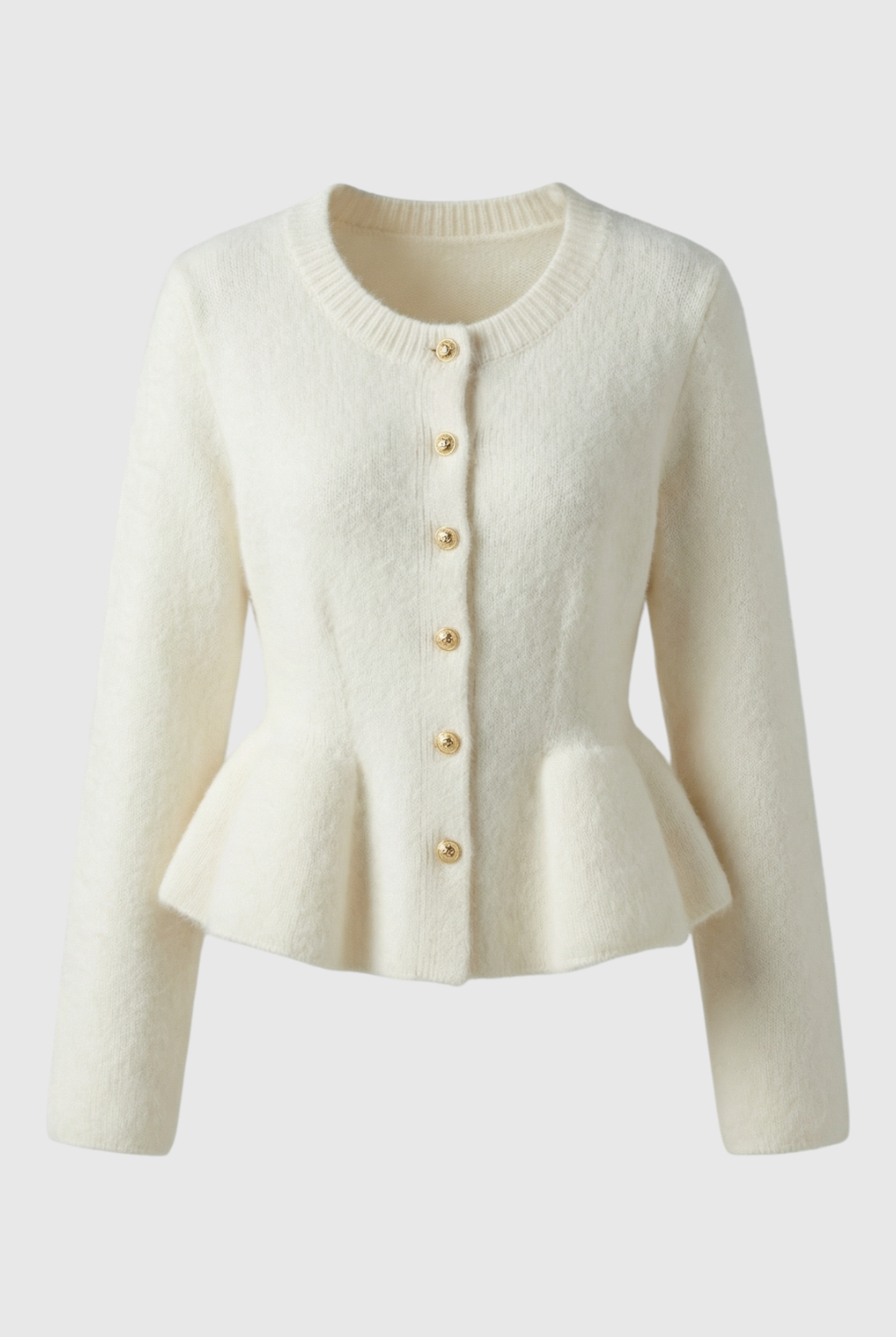Sophia Lumina white cardigan sweater with ruffle details, cozy long sleeve knit, perfect for casual or chic outfits.