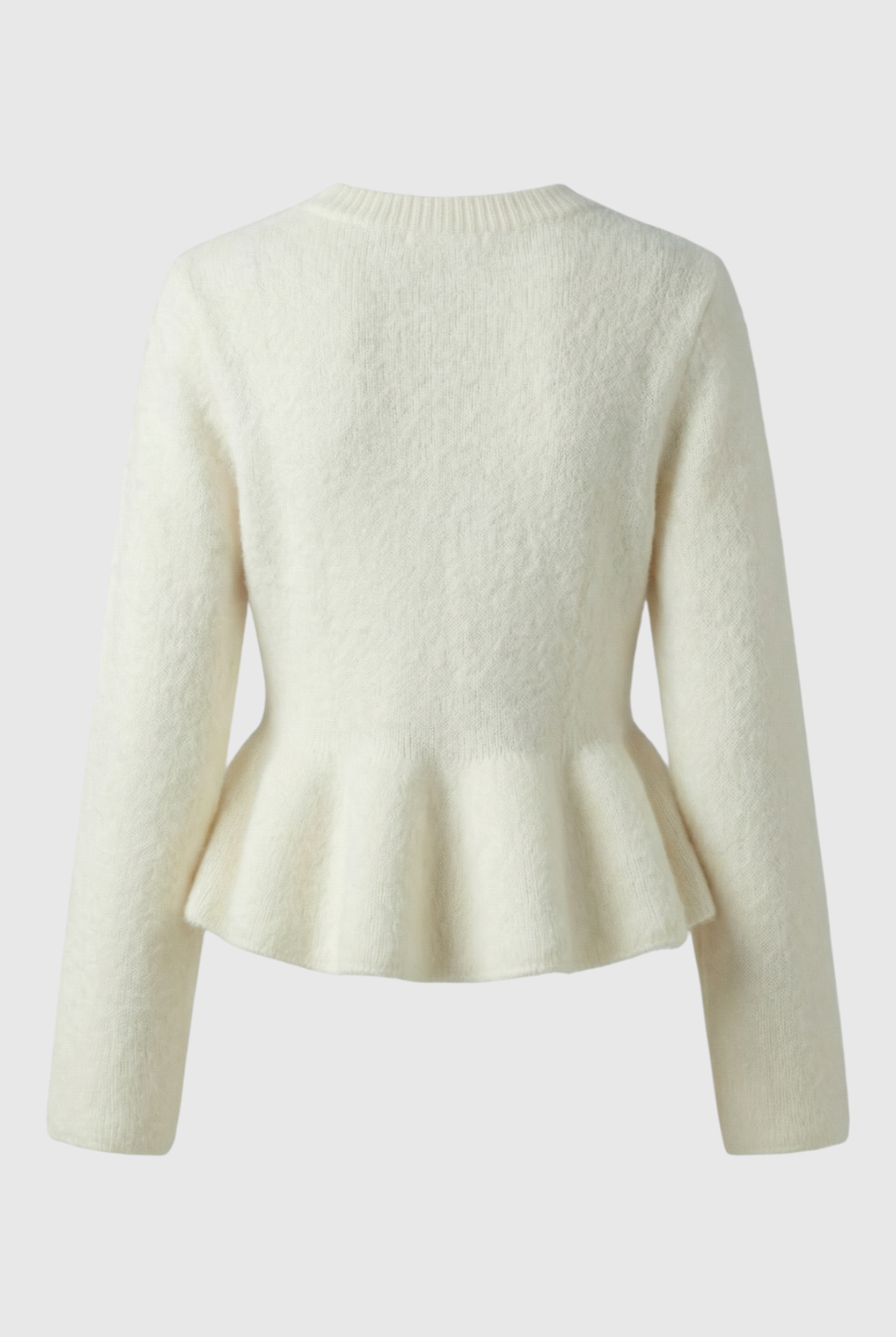 Lumina Wear Sophia cozy white cardigan sweater with ruffle details, long sleeves, and a soft, comfortable fit.