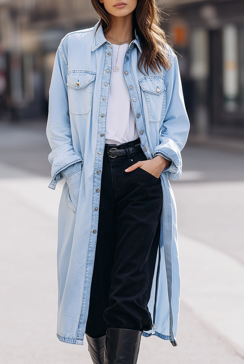 Sophia Lumina Wear blue duster shirt jacket coat, lightweight trench style, shown on model in size XS.