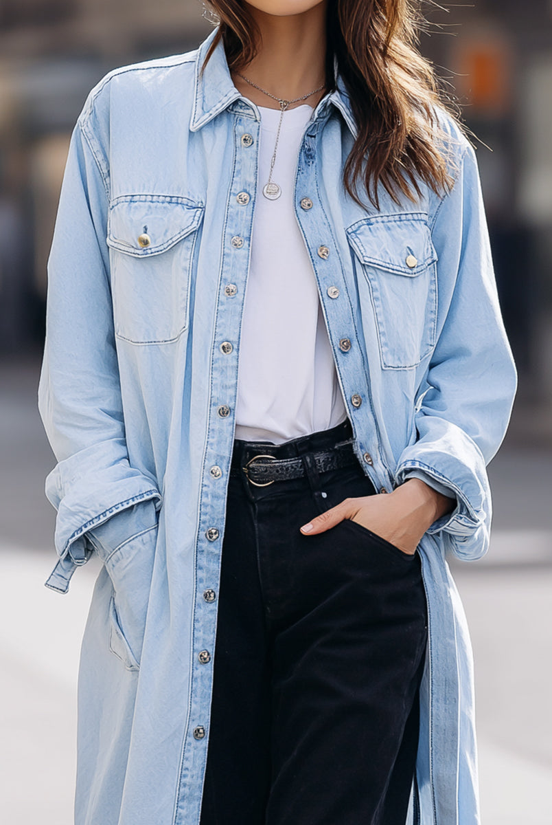 Blue Sophia duster shirt jacket by Lumina Wear, lightweight coat with tailored fit, shown on model in a casual outdoor setting.