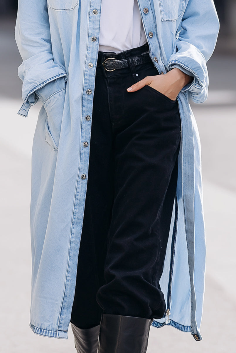 Blue Sophia Duster Shirt Jacket by Lumina Wear, lightweight coat with button details, shown on a model.