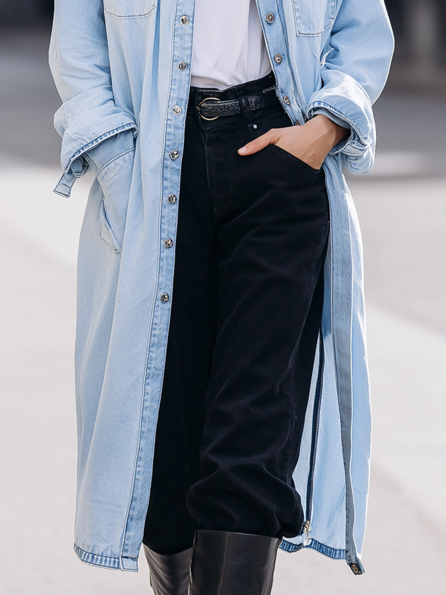 Blue Sophia Duster Shirt Jacket by Lumina Wear, a stylish trench coat with a classic design and lightweight fabric.