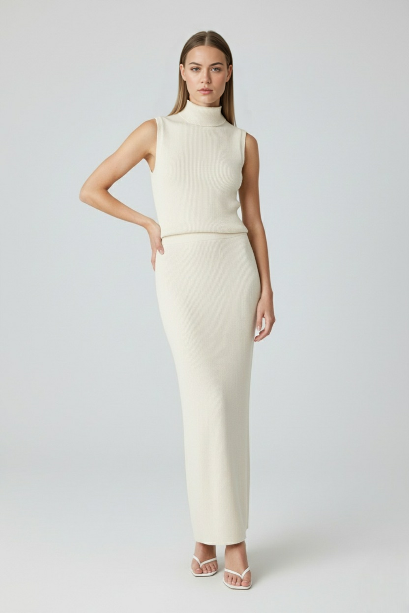 Elegant apricot-knit skirt set for women by Lumina Wear, featuring a flattering fit and stylish design.
