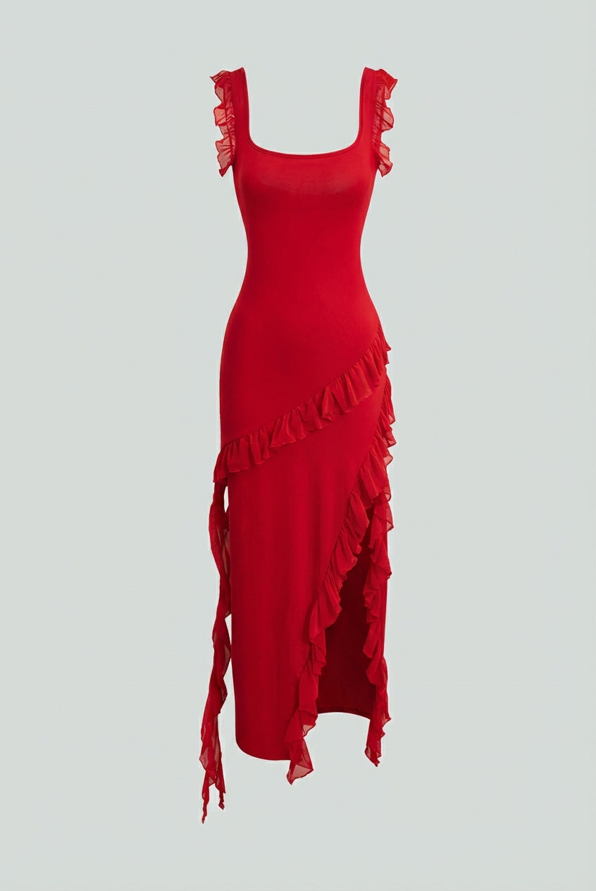 Red Lumina Wear Sophia maxi dress featuring an elegant backless design and high slit, perfect for formal occasions.