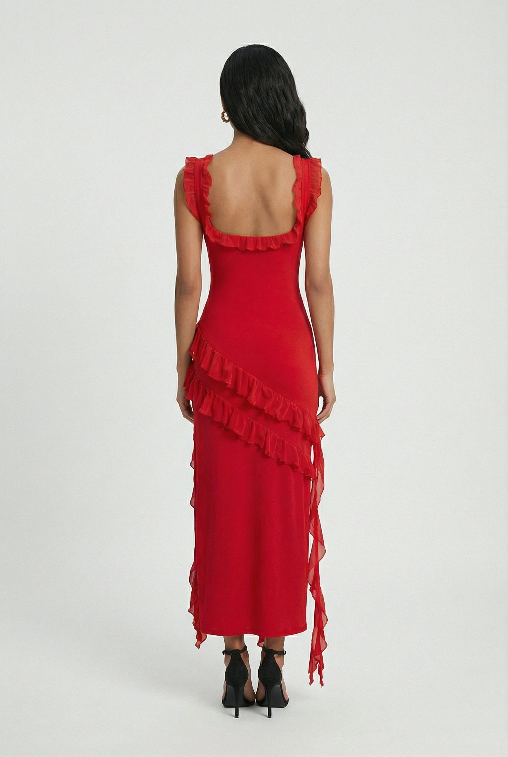 Red Lumina Wear Sophia backless maxi dress with high slit, elegant design, flowing fabric, perfect for formal occasions.