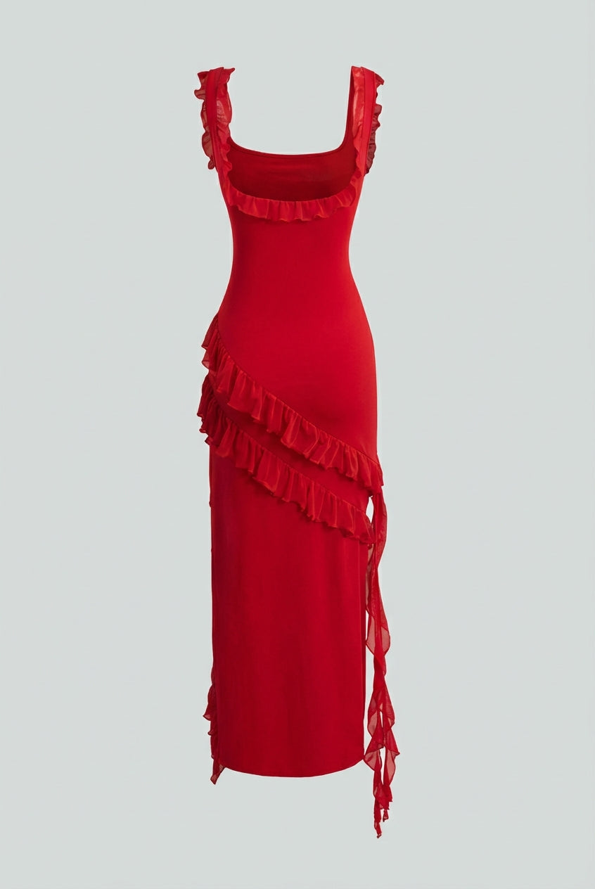 Red Sophia maxi dress by Lumina Wear featuring an elegant backless design and high slit, perfect for formal occasions.