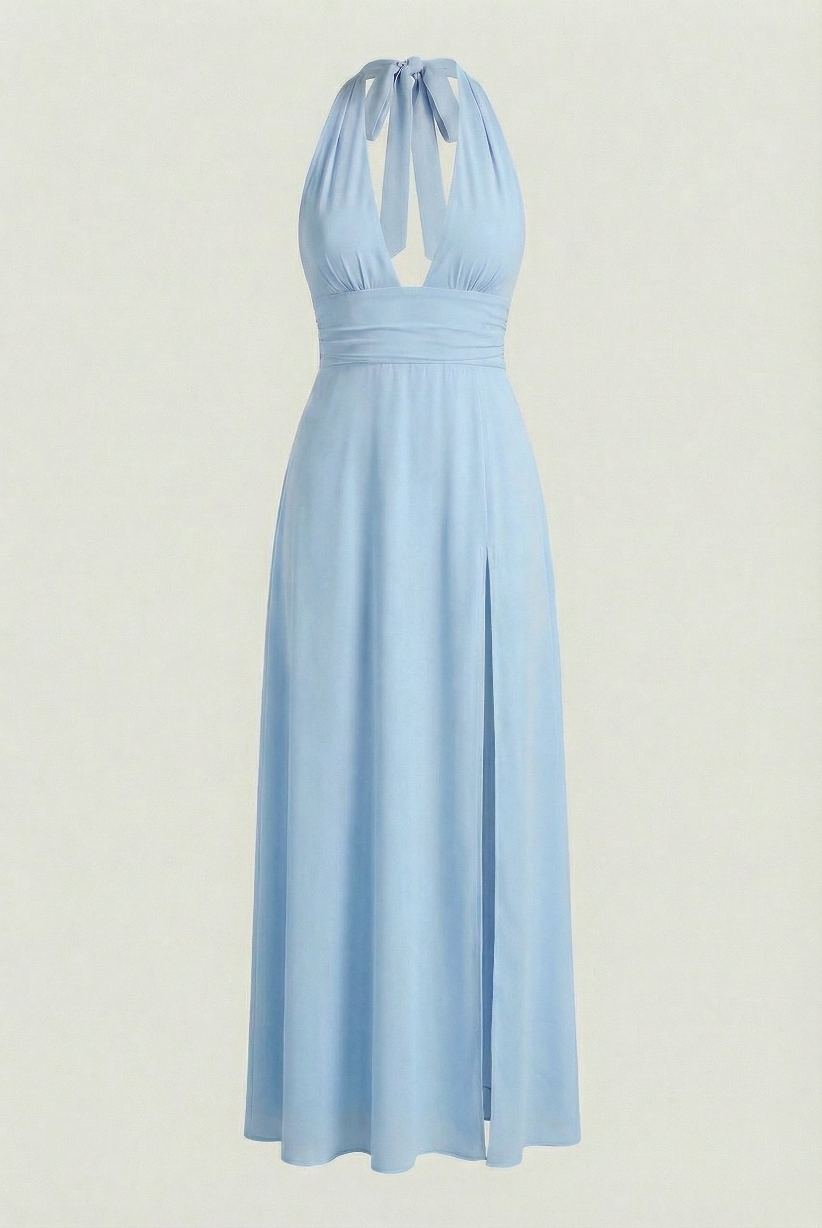 Elegant blue Sophia maxi dress by Lumina Wear featuring a backless design, flowing fabric, and a stylish, sophisticated silhouette.