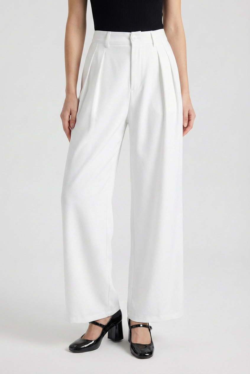 White Sophia Lumina Wear high-waisted pleated trousers with stretch, stylish and comfortable for a sophisticated look.