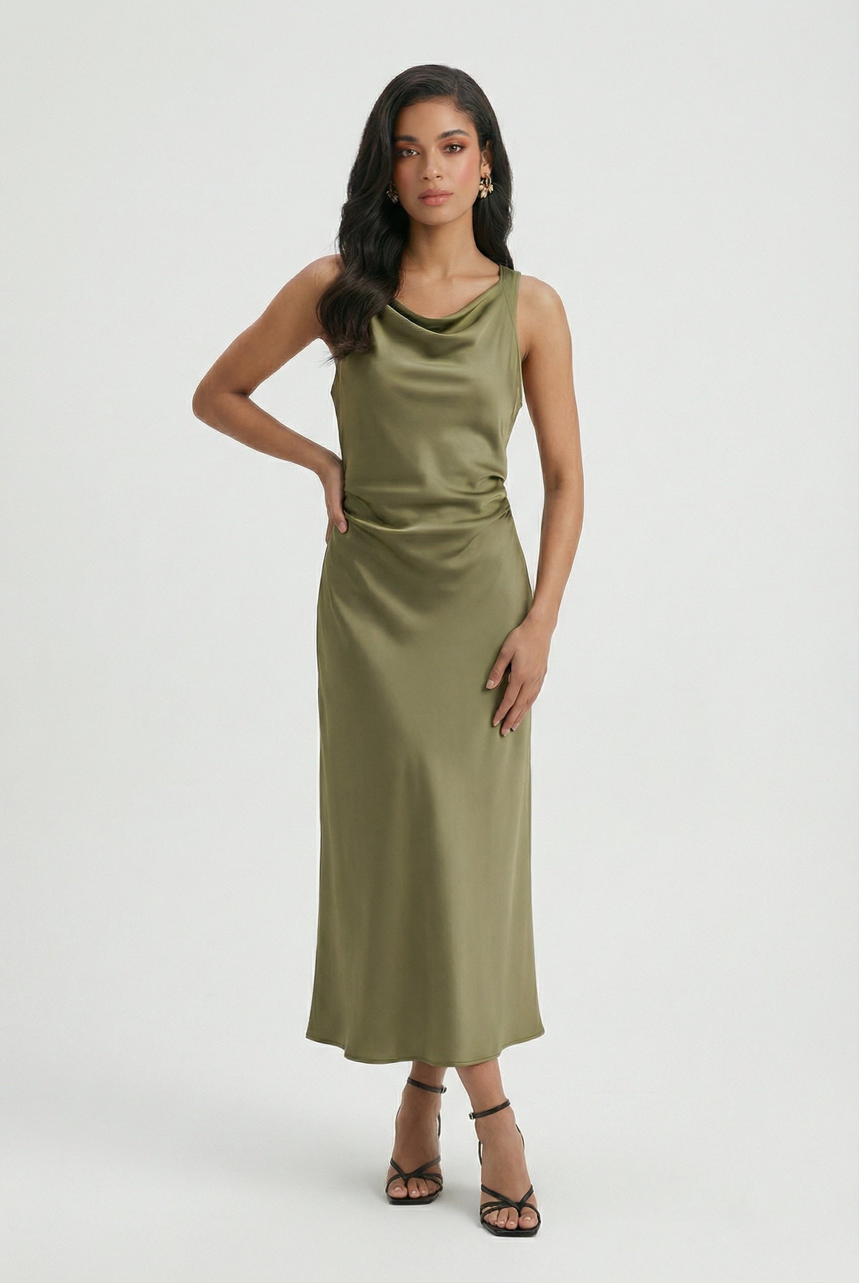 Olive green Sophia maxi dress by Lumina Wear featuring adjustable fit and elegant style for women.
