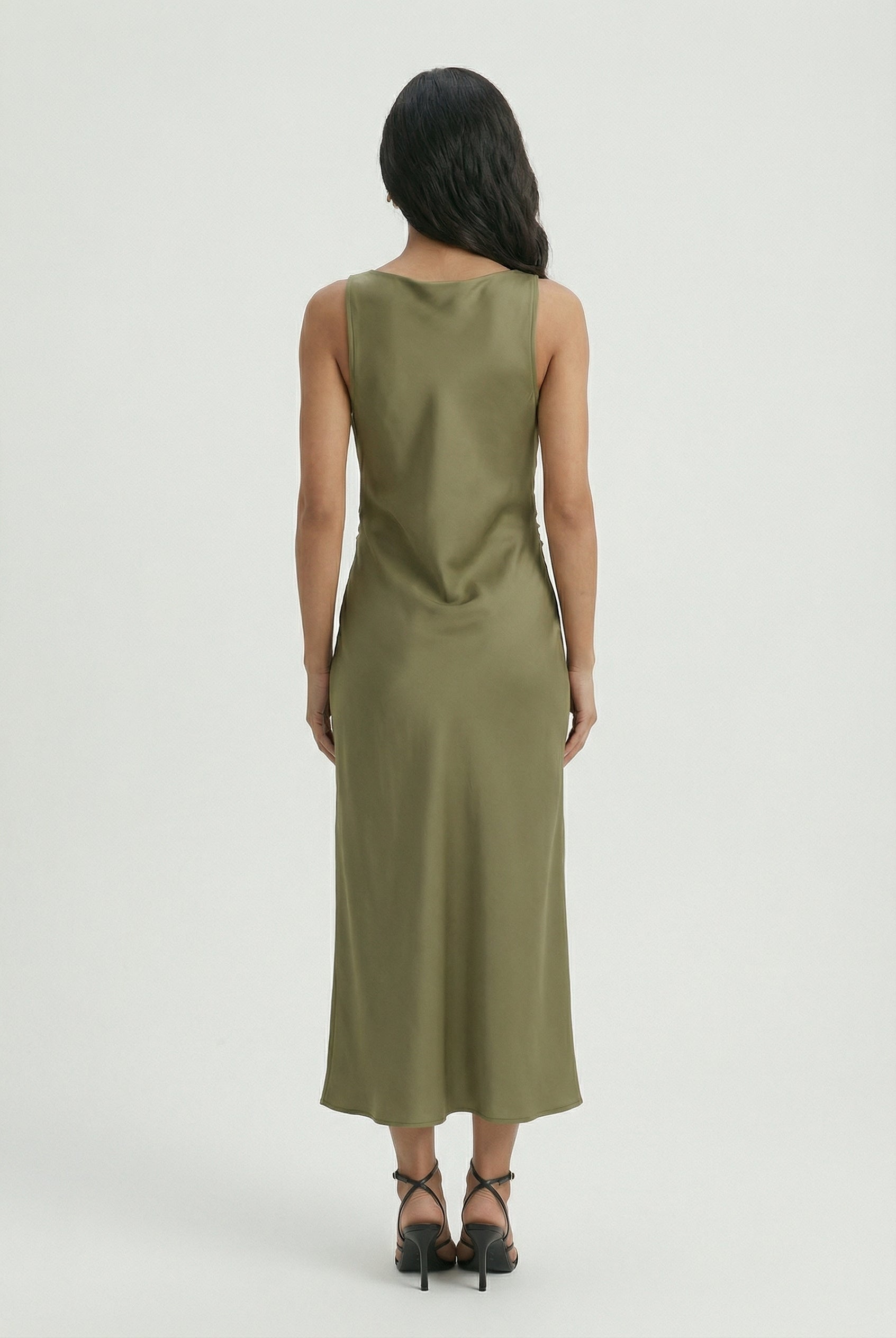 Olive green Sophia maxi dress for women by Lumina Wear, featuring an elegant design and adjustable fit.
