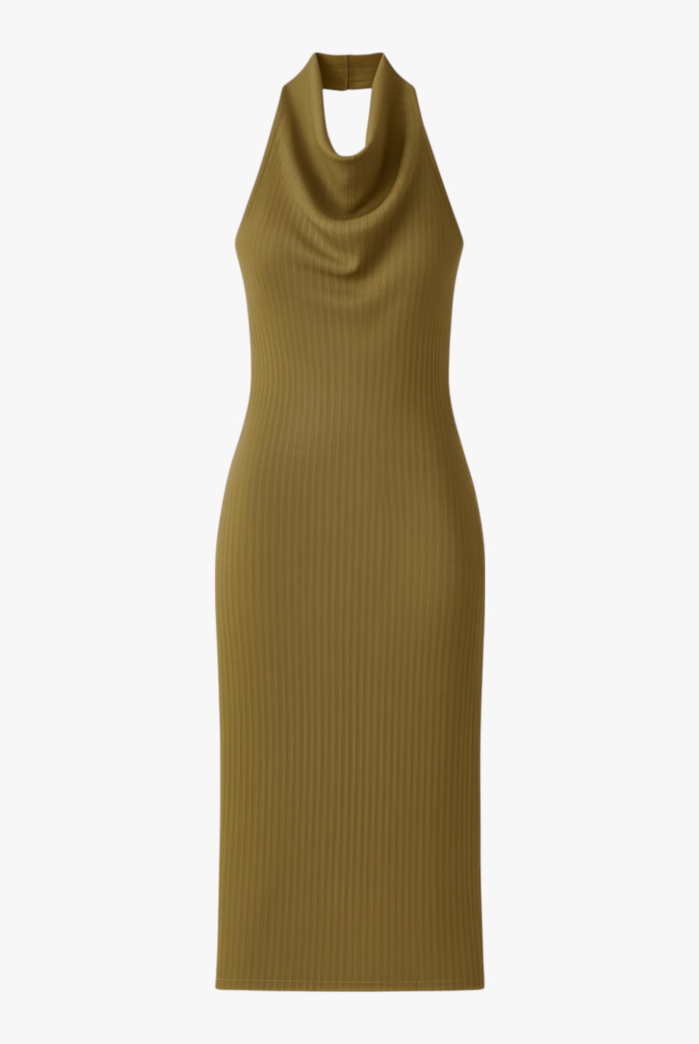 Olive green Sophia midi dress by Lumina Wear featuring a backless design, elegant fit, and stylish women’s dress for formal occasions.