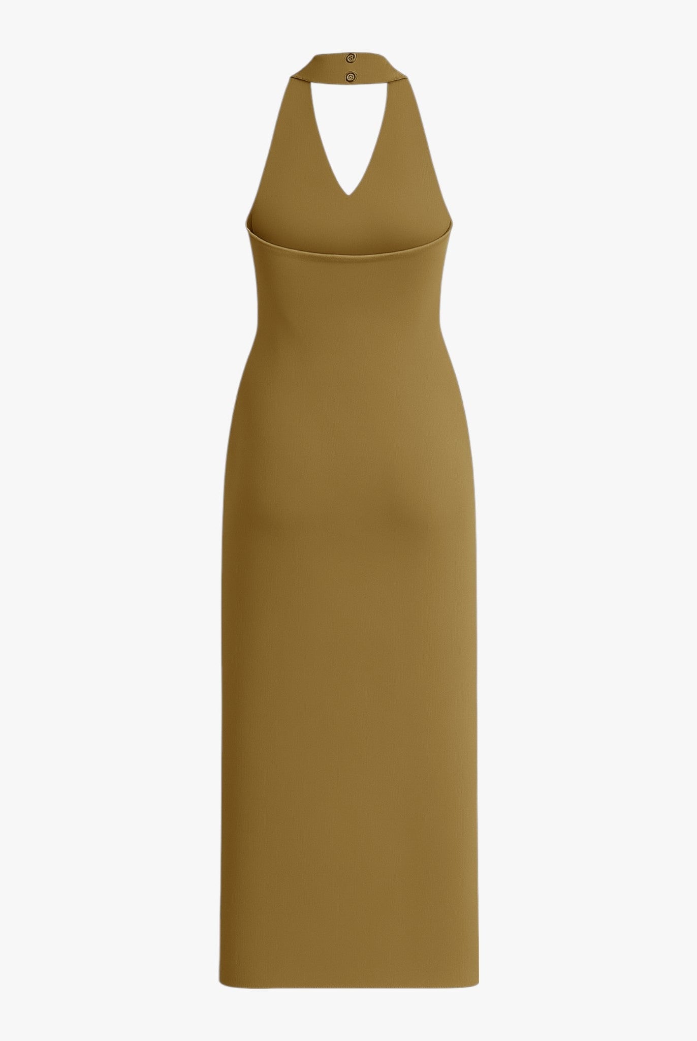 Olive green Sophia midi dress by Lumina Wear with backless design, elegant style, perfect for women’s evening or formal occasions.