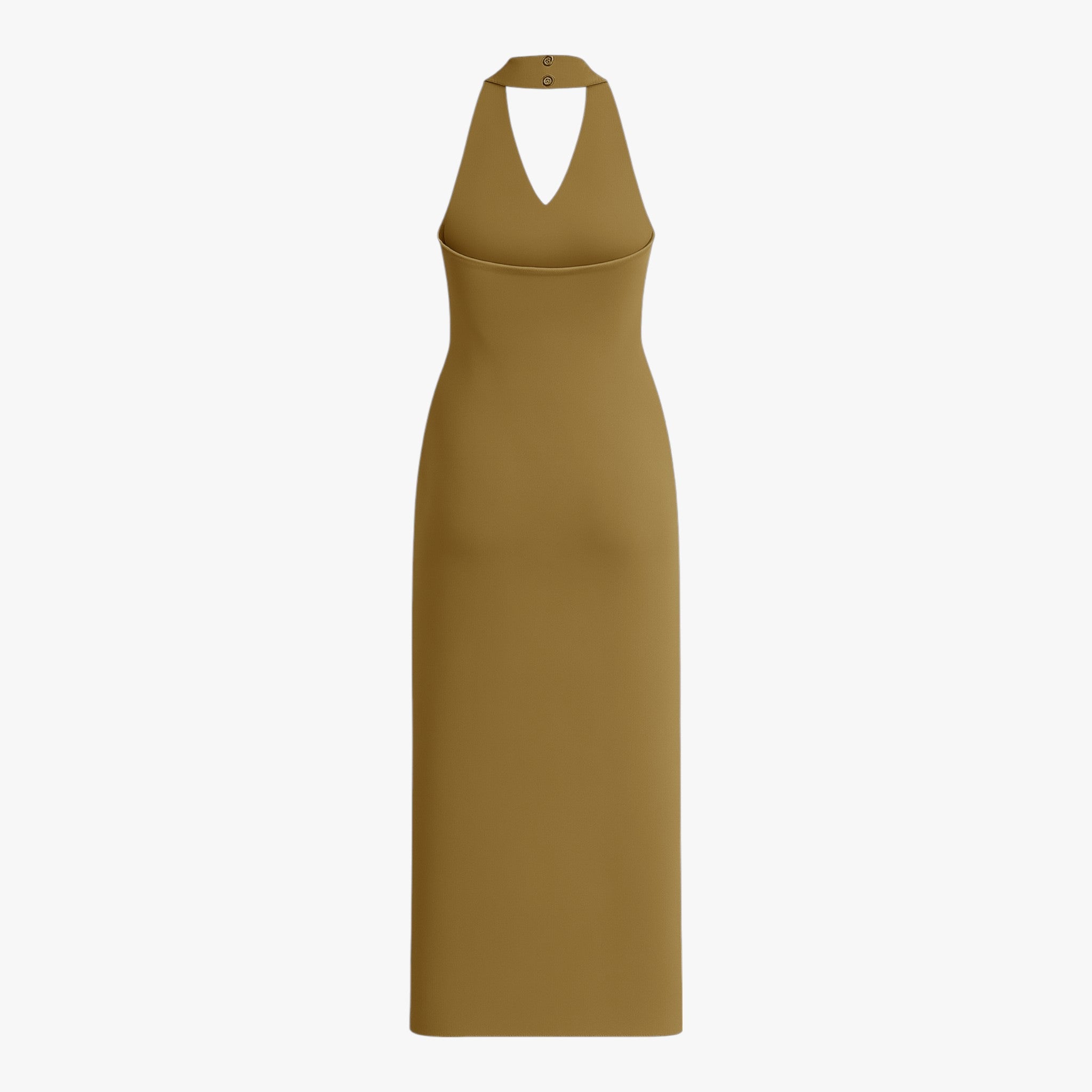 Olive green Sophia midi dress by Lumina Wear with backless design, elegant style, perfect for women’s evening or formal occasions.