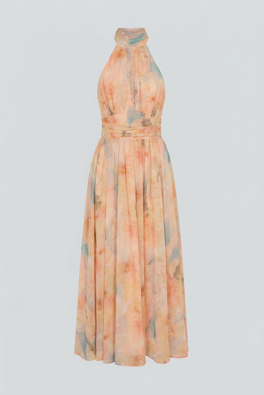 Sophia Lumina Wear elegant peach maxi dress with flattering silhouette, flowing fabric, and sleeveless design.