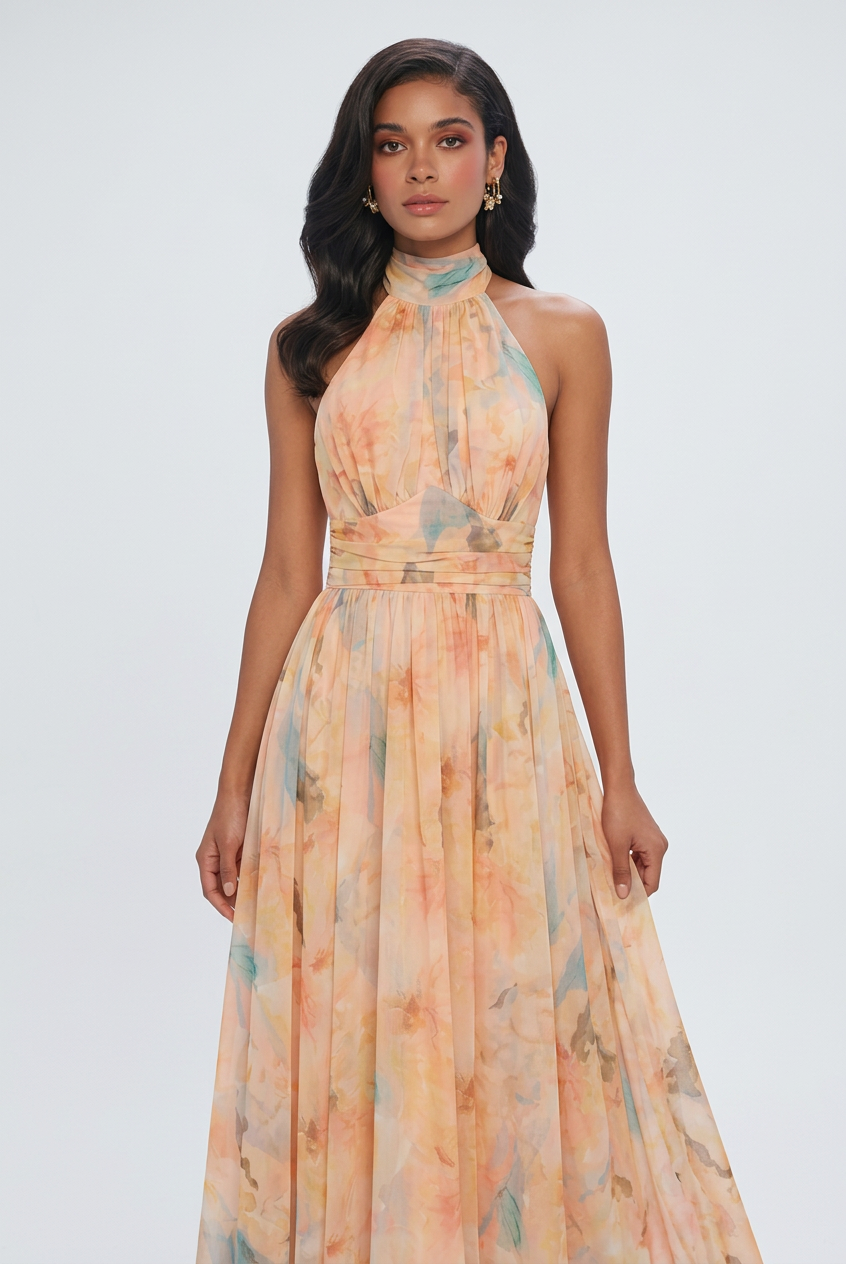 Elegant peach maxi dress by Lumina Wear featuring a flattering silhouette and flowing fabric, perfect for special occasions.