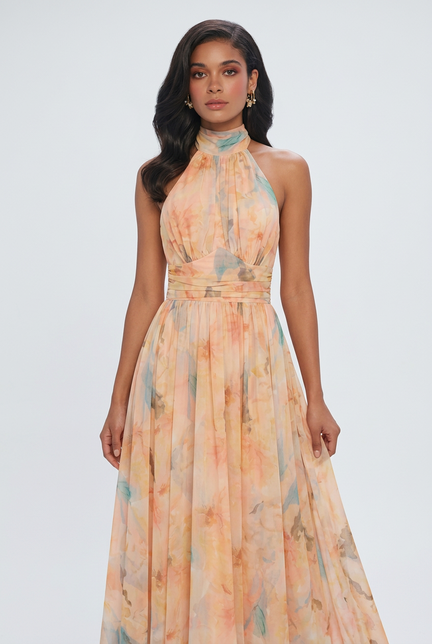 Elegant peach maxi dress by Lumina Wear featuring a flattering silhouette and flowing fabric, perfect for special occasions.