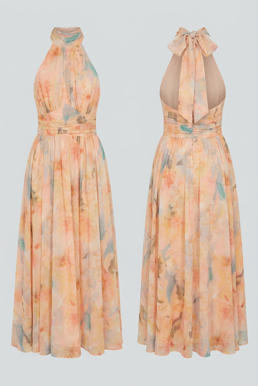 Sophia Lumina Wear elegant peach maxi dress with flattering silhouette, flowing fabric, and stylish design for formal occasions.