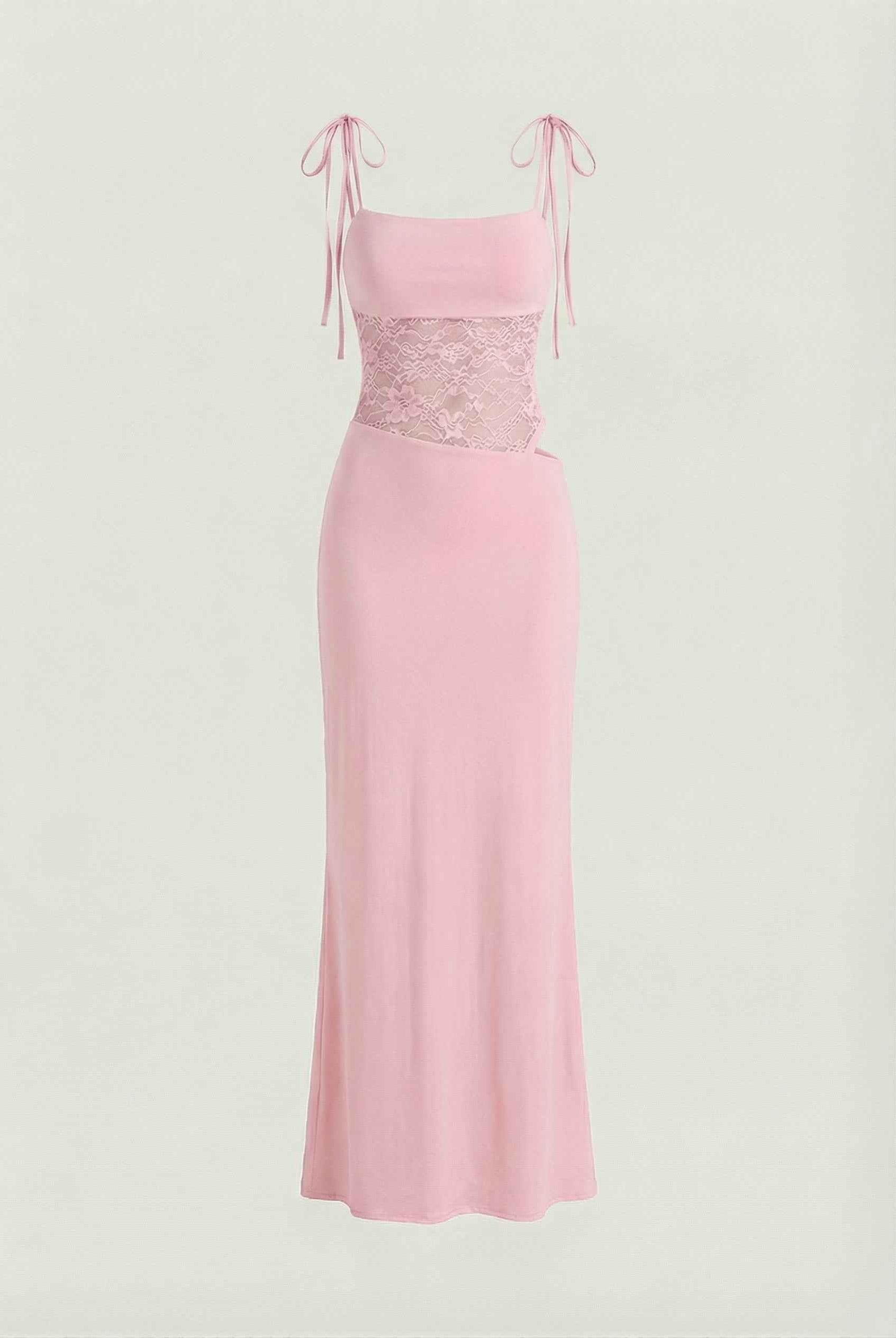Elegant pink lace summer dress by Lumina Wear, featuring a versatile fit and casual style, shown on a model.