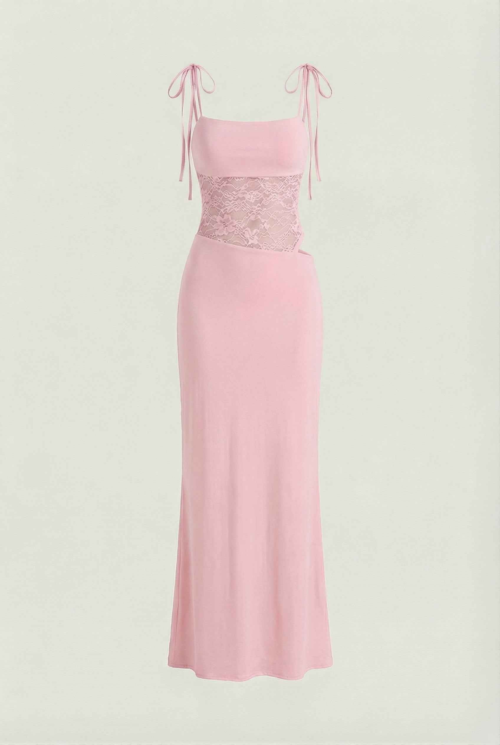 Elegant pink lace summer dress by Lumina Wear, featuring a versatile fit and casual style, shown on a model.