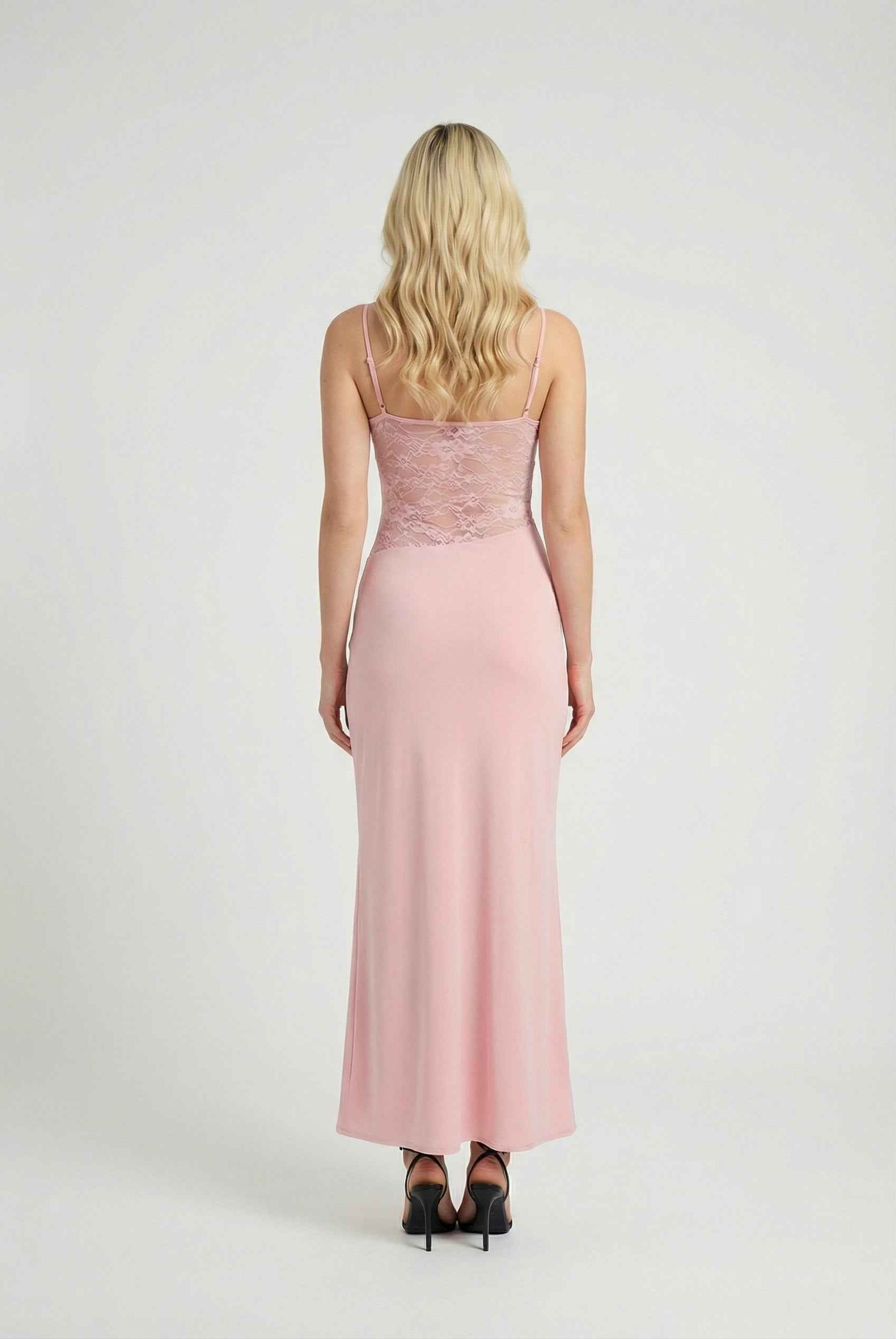Elegant pink lace summer dress by Lumina Wear, featuring a versatile fit and casual style, perfect for warm-weather occasions.