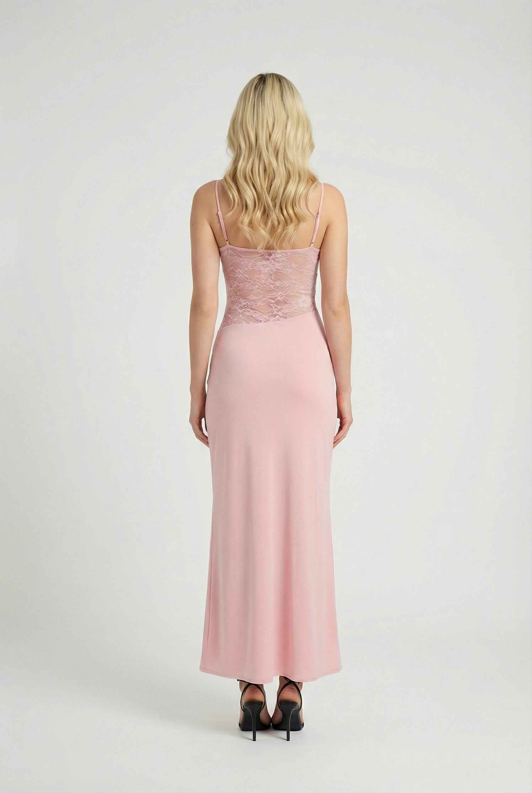 Elegant pink lace summer dress by Lumina Wear, featuring a versatile fit and casual style, perfect for warm-weather occasions.