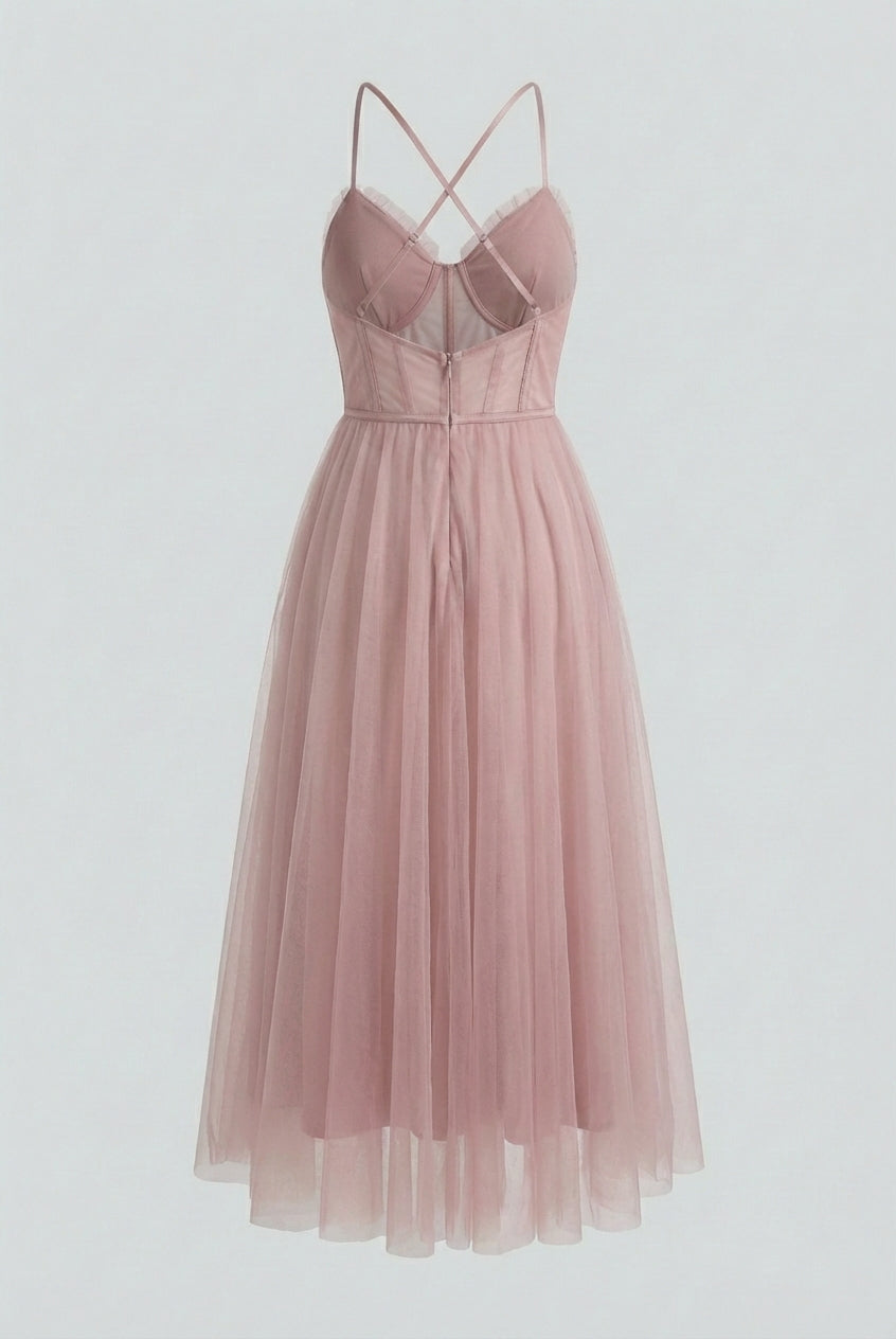 Elegant pink midi dress by Lumina Wear featuring a flattering silhouette, perfect for stylish occasions.