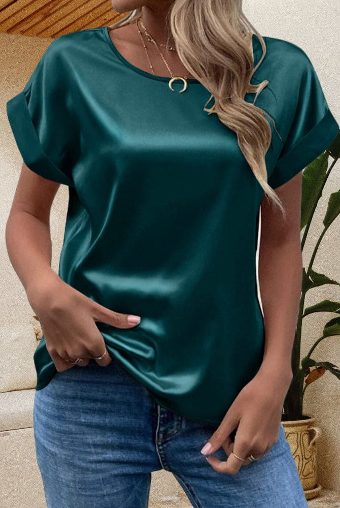 Blue Sophia satin blouse by Lumina Wear, relaxed fit with short sleeves, elegant and stylish for casual or office wear.