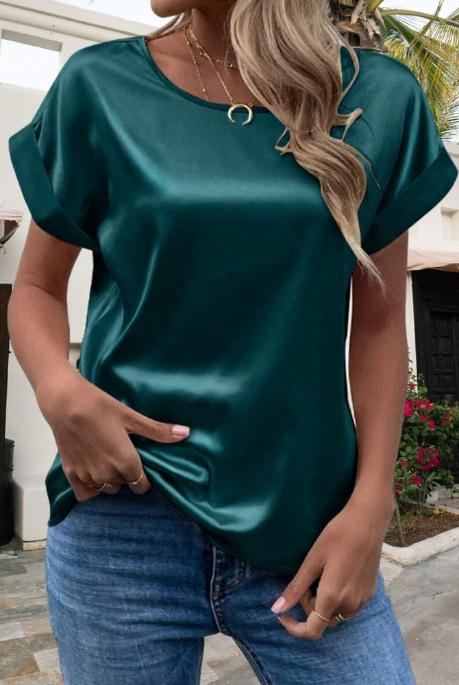 Sophia Lumina Wear elegant relaxed-fit satin blouse with short sleeves in blue, showcasing smooth fabric and stylish design.