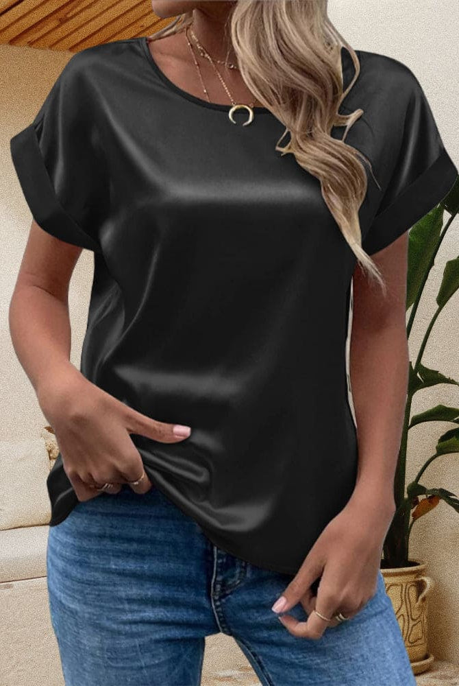 Blue Sophia satin blouse by Lumina Wear featuring a relaxed fit and short sleeves, displayed on a white background.