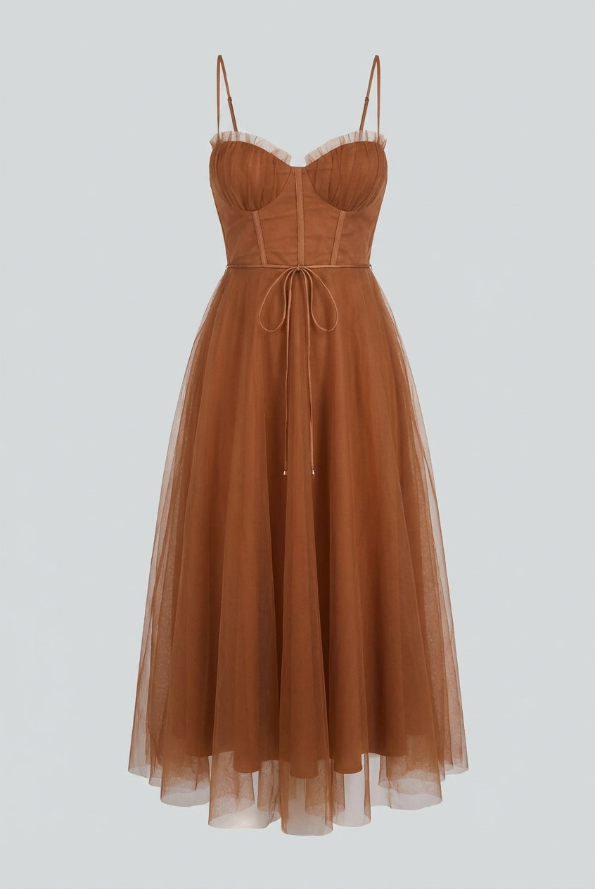 Elegant rust chiffon midi dress with ruffle trim by Lumina Wear, featuring a flowy silhouette and stylish design.