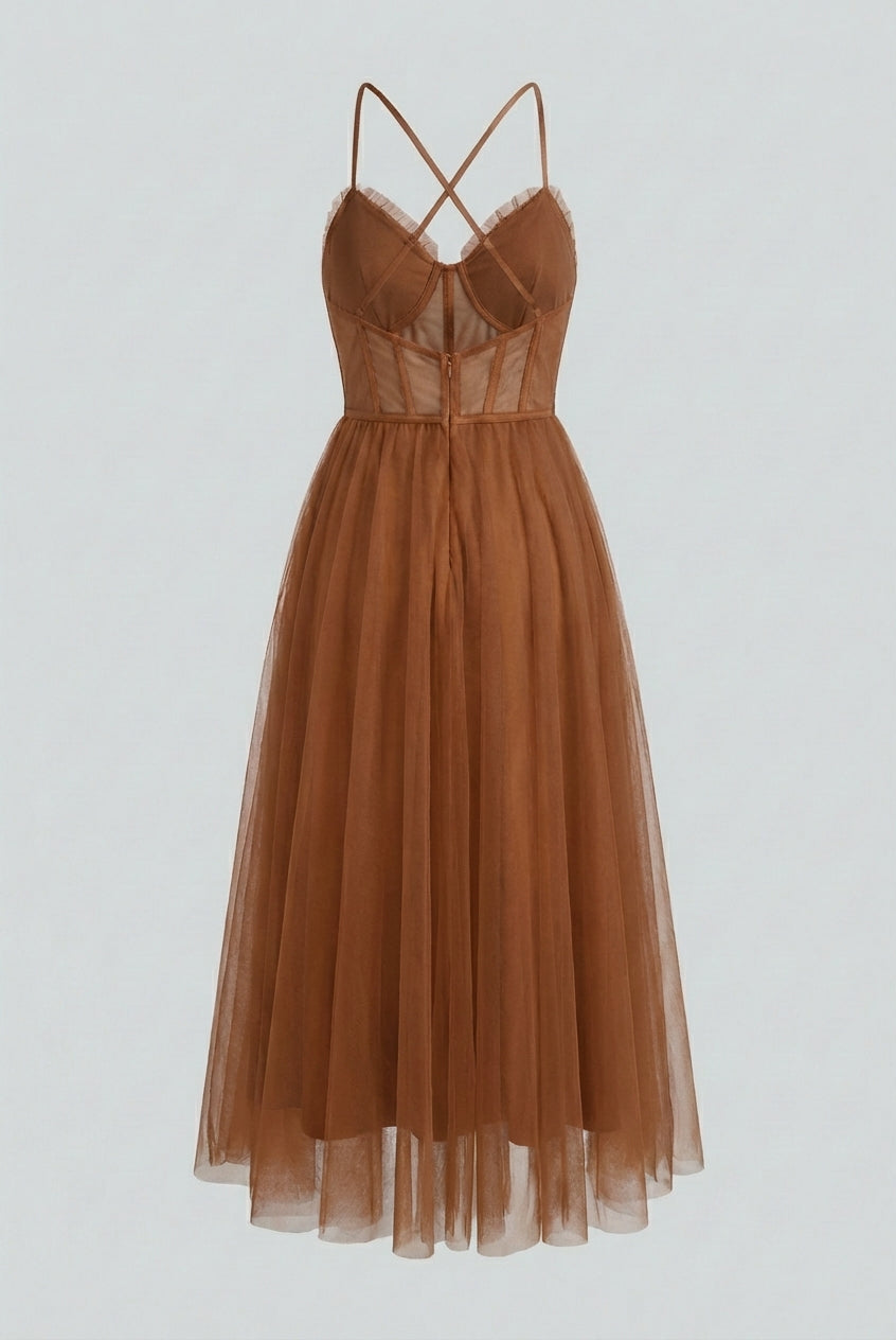 Elegant rust chiffon midi dress with ruffle trim by Lumina Wear, featuring a flowing silhouette and stylish design.
