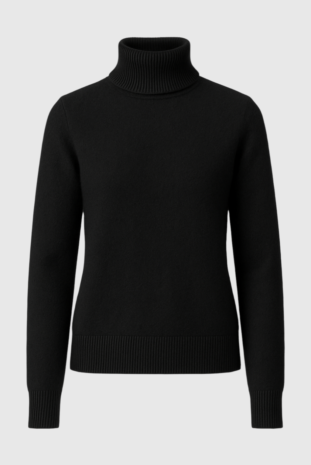 Sophia Lumina Wear slim fit black turtleneck sweater, close-up view showing smooth knit fabric and elegant design.