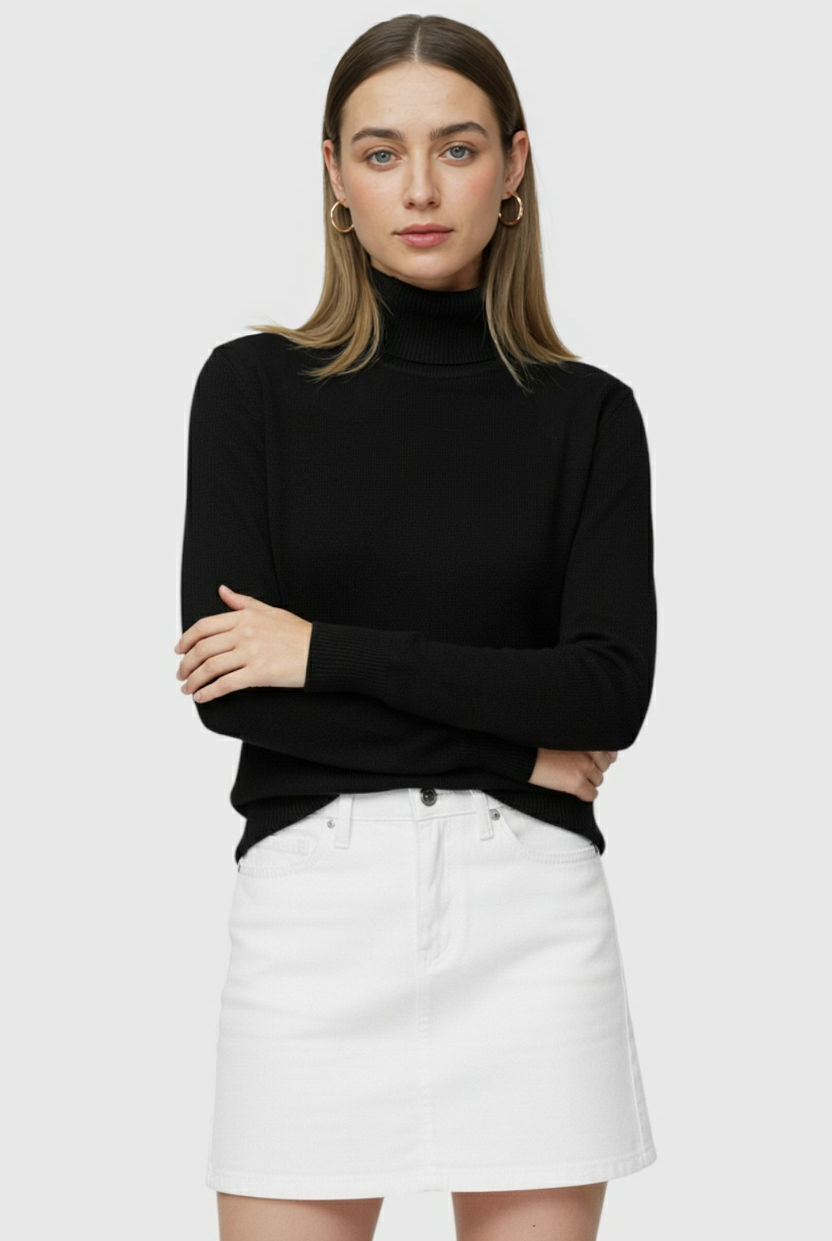 Sophia black slim fit turtleneck sweater by Lumina Wear, close-up of the fitted black sweater with a high turtleneck collar.