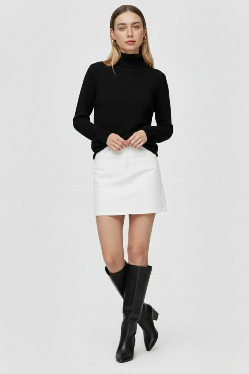Sophia Lumina Wear slim fit black turtleneck sweater, close-up of the elegant, form-fitting sweater on a model.
