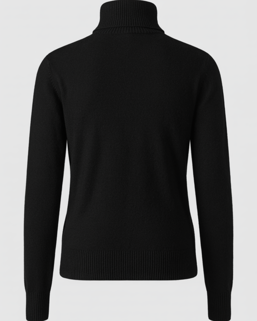Sophia Lumina Wear slim fit black turtleneck sweater, close-up showing soft fabric and fitted style for women.