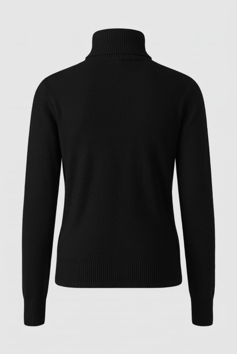 Sophia Lumina Wear slim fit black turtleneck sweater, close-up of soft knit fabric and elegant neckline.