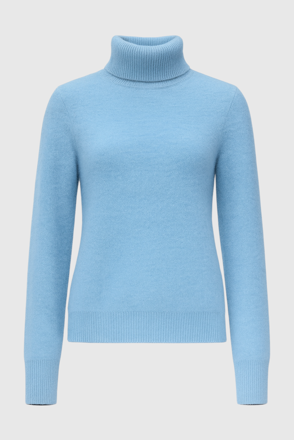 Blue Lumina Wear Sophia slim fit turtleneck sweater, showcasing a cozy, elegant knit design with a fitted silhouette.