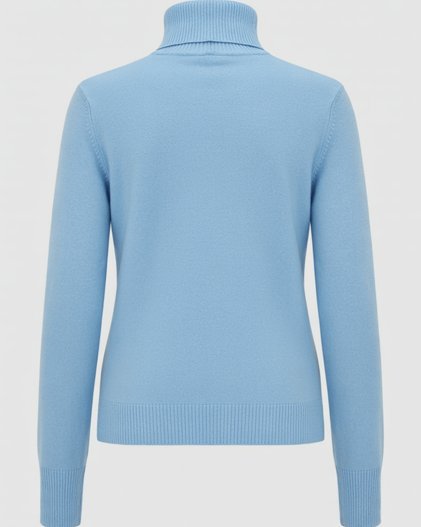 Blue Lumina Wear Sophia slim fit turtleneck sweater with a cozy, elegant design and ribbed collar, shown on a model.
