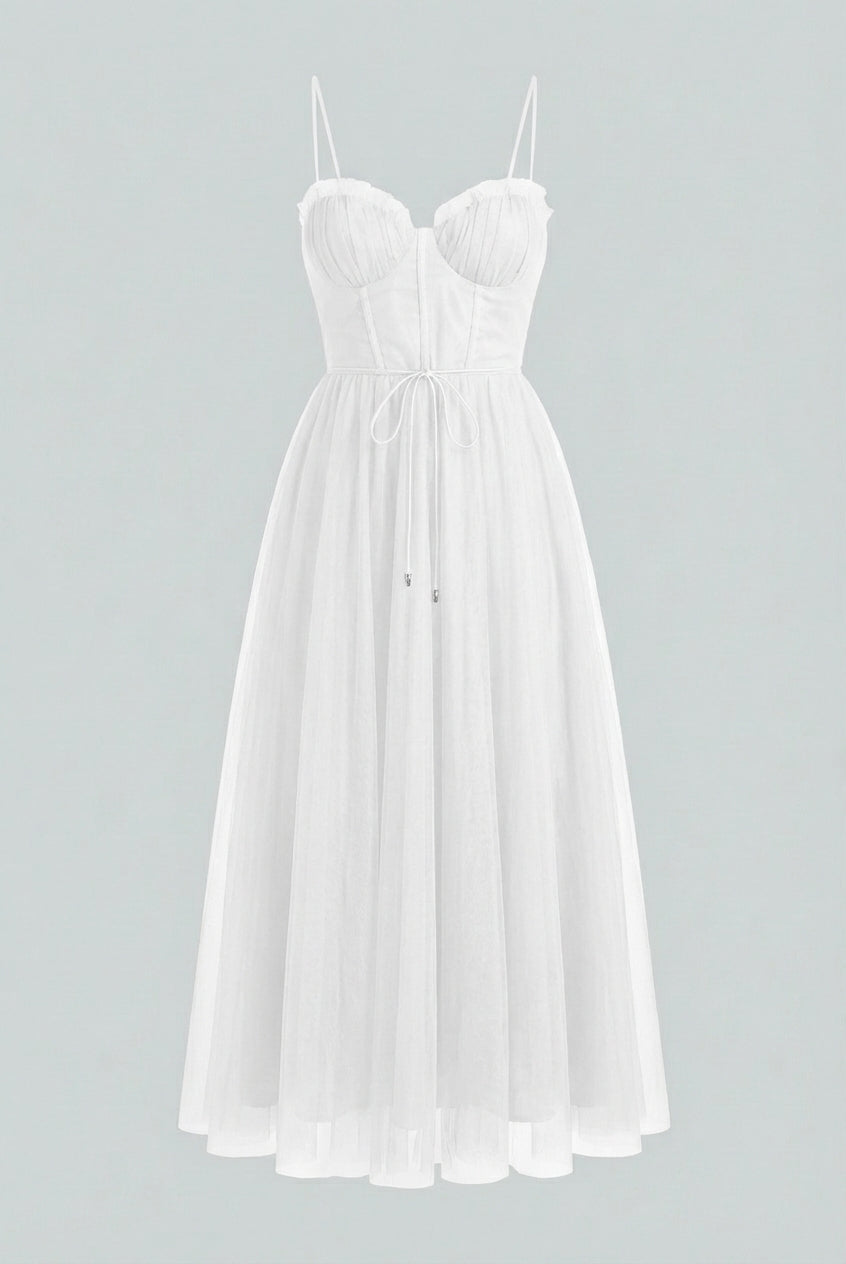 Elegant white midi dress by Lumina Wear featuring a flattering silhouette, perfect for sophisticated occasions.